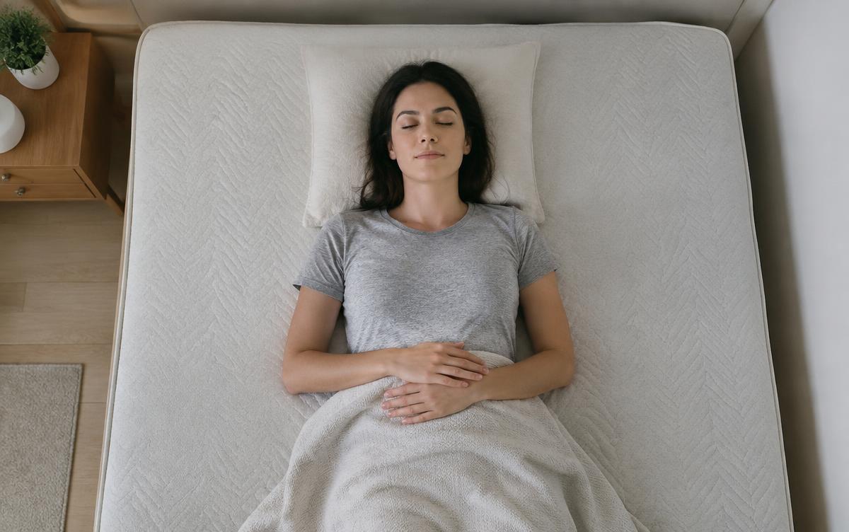 Person sleeping on their back on a medium-firm mattress with a thin pillow