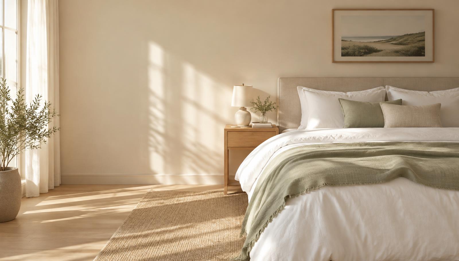 Neatly made bed with white linen and a sage throw in a sunlit bedroom