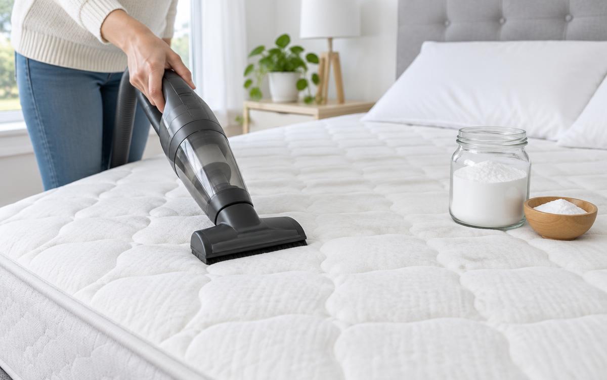 Vacuuming a mattress with a handheld vacuum next to a jar of baking soda