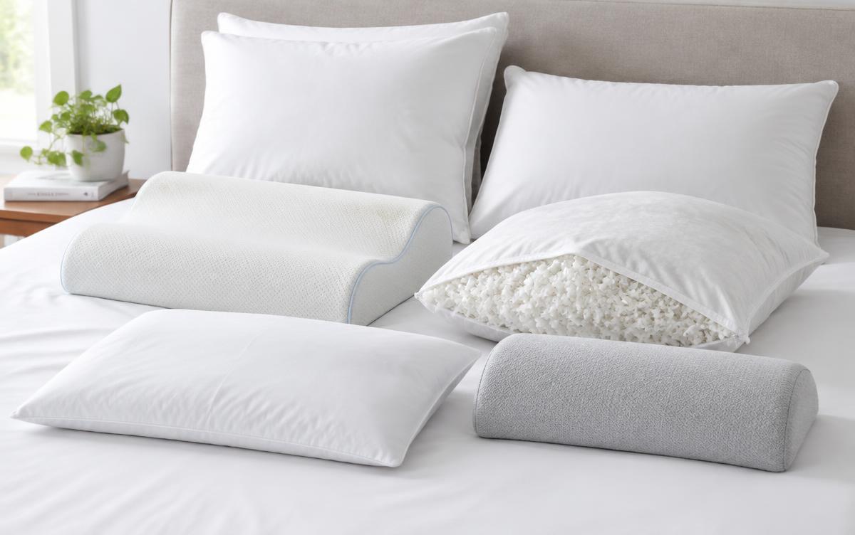 Different pillow types including contour foam, shredded fill and flat pillows