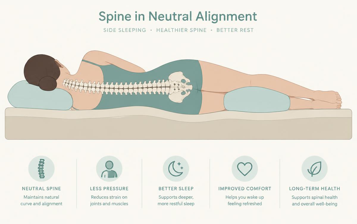 Illustration of a side sleeper with the spine in neutral alignment on a mattress