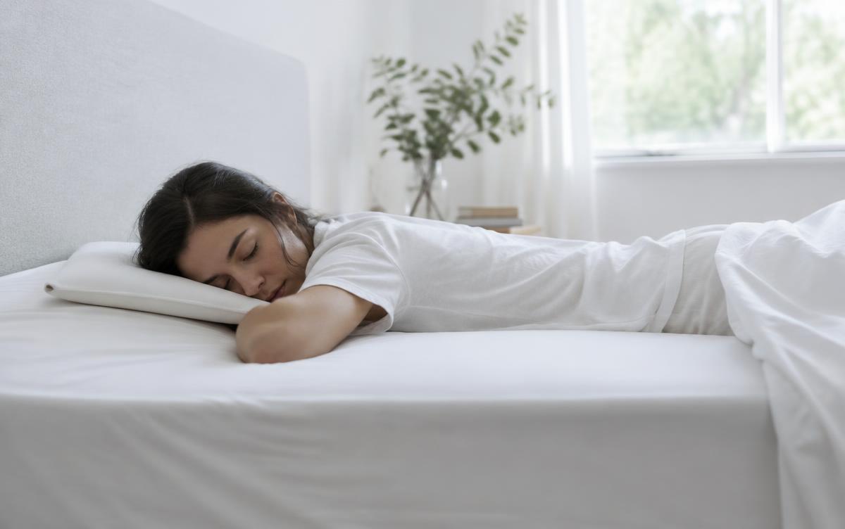 Person sleeping on their stomach with a flat pillow